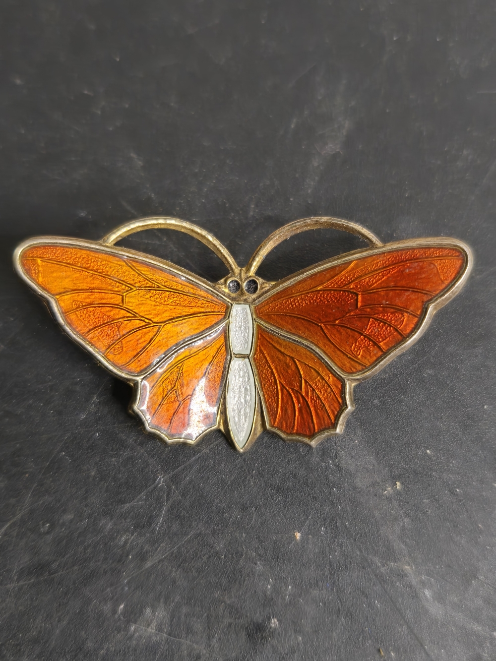 Aksel Holmsen Vintage Orange Enamel Butterfly Brooch Guilloche Over 925 Sterling